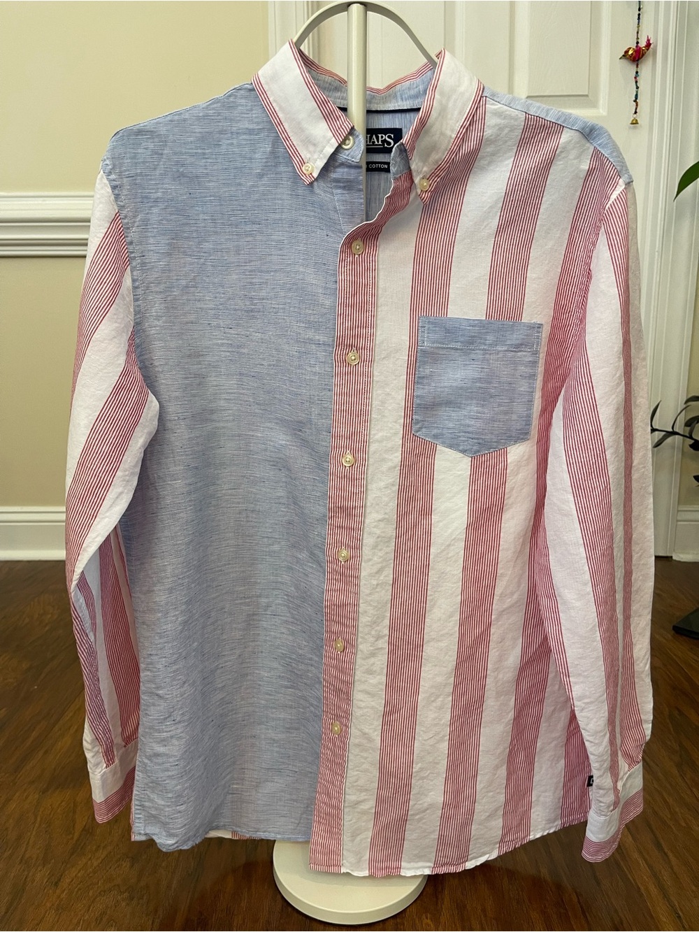 Chaps Colorblock Long Sleeve Shirt Blue Red Striped Linen Cotton Blend Size M